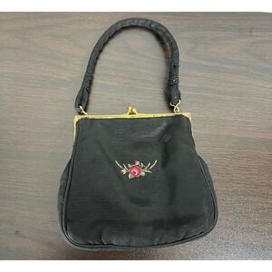 Vintage 1950s Floral Embroidered‎ Kisslock Purse Evening Bag Black Switzerland
